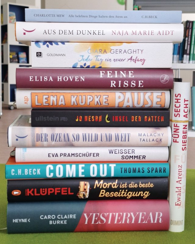 Stapel verschiedener Bücher mit farbigen Buchrücken. Titel sind teilweise sichtbar: 'Aus dem Dunkeln', 'Feine Risse', 'Come Out', 'Yesteryear'.