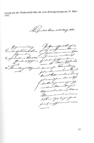 Niederschrift der ersten Kreistagssitzung 1885. Auszug aus der Niederschrift der ersten Kreistagssitzung vom 18. März 1885 in alter deutscher Handschrift.