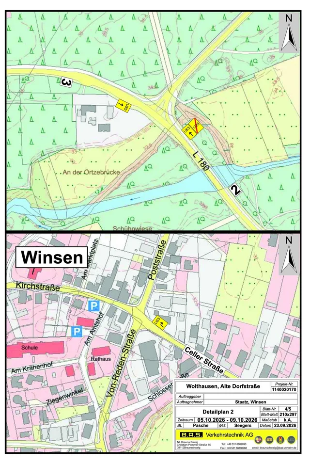 Umleitungsplan Wolthausen: Detailplan 2 (Blatt 4 von 5) Detailplan 2, Blatt 4 von 5: Zwei Kartenausschnitte. Oben die L 180 an der Örtzebrücke mit den Schildern U63, U25 (durchgestrichen) und U89, unten die Ortsmitte Winsen mit dem Schild U63 an der Celler Straße beim Rathaus. Zeitraum 05.10.2026 bis 09.10.2026.