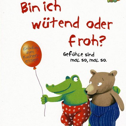 Buchcover von Dagmar Geisler mit dem Titel 'Bin ich wütend oder froh?'. Eine Illustration zeigt einen fröhlichen grünen Krokodil, das einen orangefarbenen Luftballon mit der Aufschrift 'Einladung zum Kuchen essen' hält, und einen lächelnden braunen Bären in blau-weiß gestreifter Kleidung. Untertitel lautet 'Gefühle sind mal so, mal so'. Rechts unten ist das Logo des Loewe Verlags zu sehen und links oben das Label 'Lesestart 1-2-3' mit einem kleinen Lesebären-Symbol