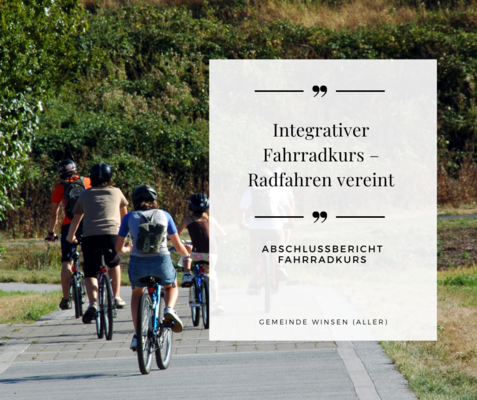 Gruppe radfahrender Personen, Text: Integrativer Fahrradkurs – Radfahren vereint.