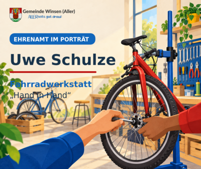 Ehrenamt im Porträt: Uwe Schulze, Fahrradwerkstatt „Hand in Hand“. Illustration: Hände reparieren ein rotes Fahrrad in einer Werkstatt