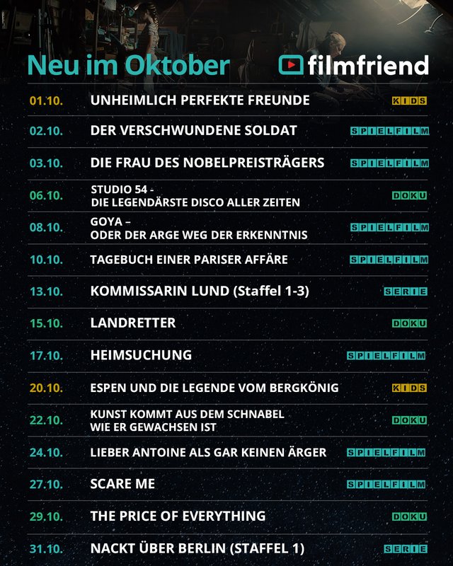 Collage mit Filmplakaten aus dem Oktoberprogramm auf filmfriend.de mit Logo oben.