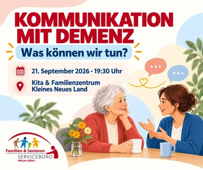 Info-Grafik: Zwei Frauen sitzen bei Kaffee und diskutieren. Im Hintergrund Blumen. Veranstaltungshinweis: Kommunikation mit Demenz, 21. September 2026.