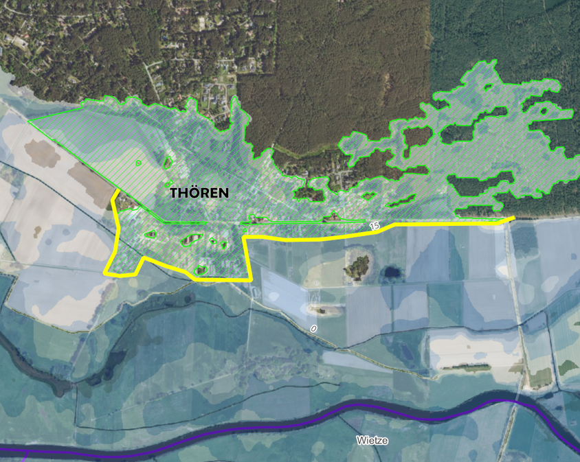 Satellitenaufnahme Bereich Thören mit eingezeichnetem Hochwassergebiet