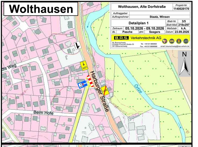 Umleitungsplan Wolthausen: Detailplan 1 (Blatt 3 von 5) Detailplan 1, Blatt 3 von 5: Karte von Wolthausen mit der Absperrung der Harburger Straße an der Örtze sowie den Schildern U25 und U89 (durchgestrichen). Zeitraum 05.10.2026 bis 09.10.2026.