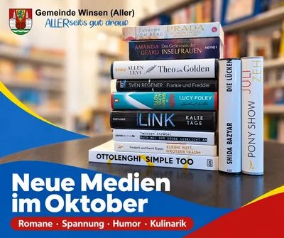 Grafik der Gemeinde Winsen (Aller) mit Wappen und dem Slogan „ALLERseits gut drauf“. Text: „Neue Medien im Oktober. Romane, Spannung, Humor, Kulinarik.“ Im Hintergrund ein Stapel neuer Bücher vor Bücherregalen, daneben zwei aufrecht stehende Bücher.
