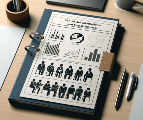 Bericht des Integrations- und Migrationsbüros, Diagramme und Symbole von Menschen.