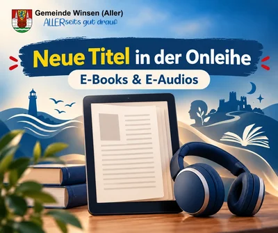 Neue Titel in der Onleihe, E-Books & E-Audios. Illustration: E-Book-Reader und Kopfhörer vor Büchern in einer blauen Landschaft mit Leuchtturm und Burg