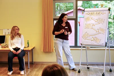 Zwei Frauen stellen einen Workshop vor. Neben ihnen steht ein Flipchart mit der Überschrift „Ablauf“.