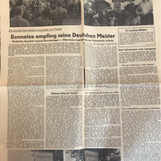 Zeitungsseite der Celleschen Zeitung vom 15. September 1964 mit Artikeln über den Empfang der Deutschen Meister im Faustball aus Bannetze, inklusive Fotos der geehrten Teams.