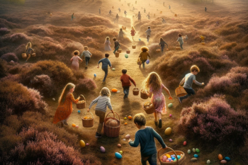 Illustration einer frühlingshaften Heidelandschaft bei Sonnenaufgang, mit Kindern und Familien, die sich bei der Suche nach Ostereiern zwischen den Heidekrautbüschen und Kiefern verteilen, während sanfte Sonnenstrahlen die Szene durchdringen.