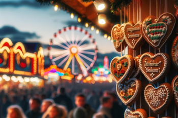 Lebkuchenherzen auf einem Jahrmarkt mit verschwommenem Riesenrad im Hintergrund.