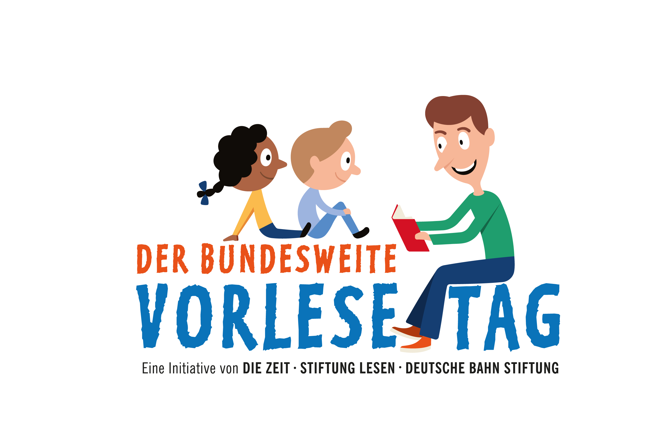 Illustration mit drei sitzenden Personen, die einem Buch lauschen. Ein Erwachsener liest den zwei Kindern, die aufmerksam zuhören, vor. Unter ihnen steht "DER BUNDESWEITE VORLESETAG" in Großbuchstaben