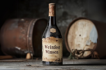 Weinflasche mit der Aufschrift "Weinfest Winsen" vor zwei alten Weinfässern.