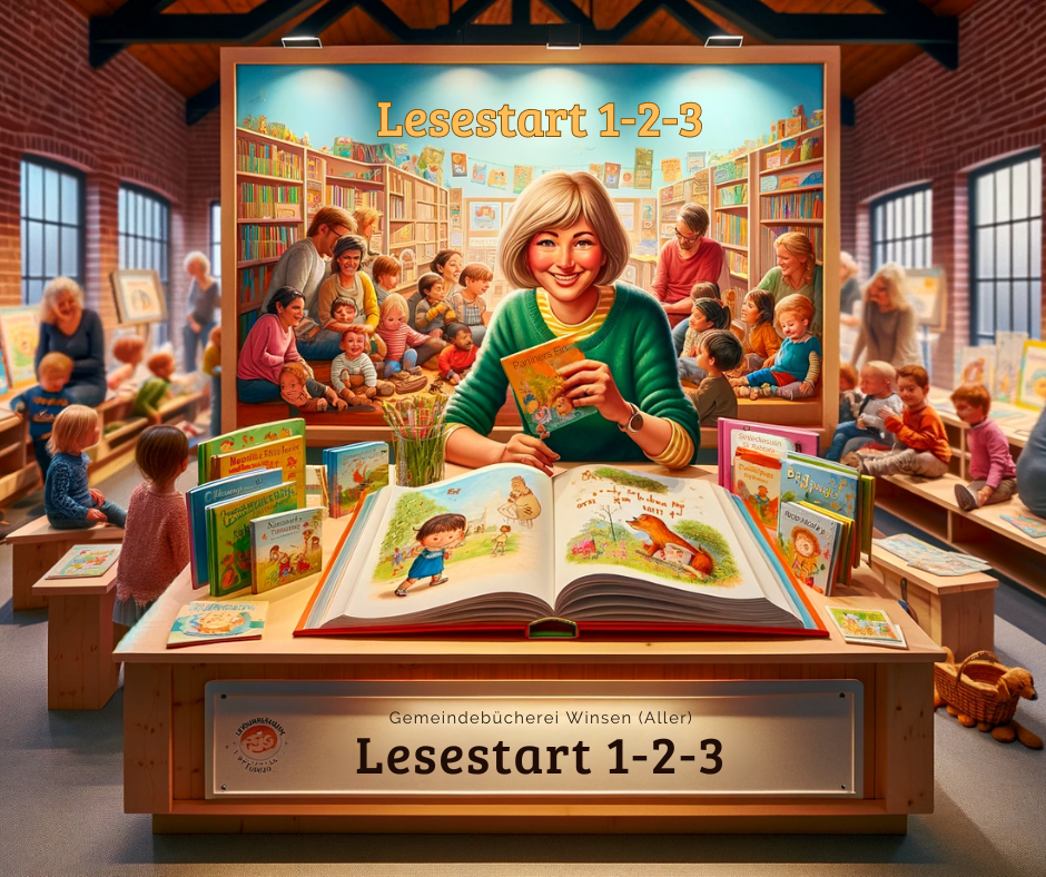 Illustration einer Bibliothek mit einer fröhlichen Frau, die ein 'Lesestart 1-2-3' Buch präsentiert, und mehreren Kindern, die im Hintergrund lesen. Text auf der Bank: 'Gemeindebücherei Winsen (Aller) Lesestart 1-2-3'.