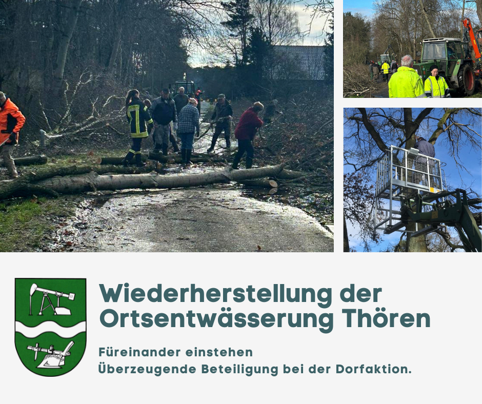 Wiederherstellung der Ortsentwässerung Thören, Menschen bei Aufräumarbeiten.